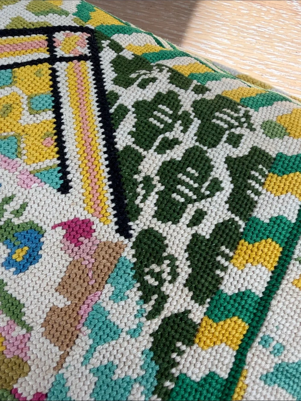 Vintage Needlepoint throw pillow Geometric Pattern w/floral botanical accents